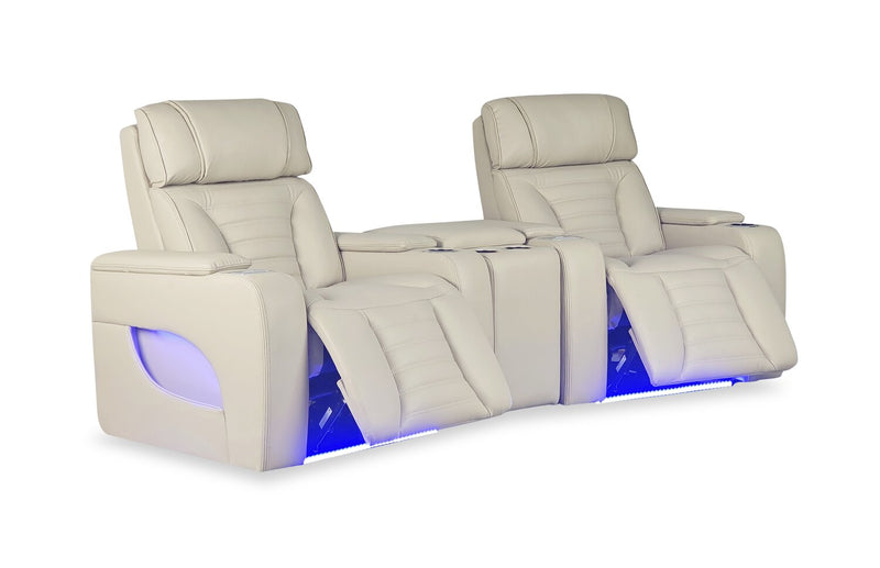 Sofa sectionnel à inclinaison électrique Zen 3 pièces de style cinéma maison en tissu d’apparence cuir avec massage et console de rangement - abricot