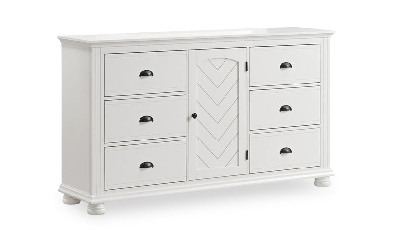 Ensemble de chambre à coucher Ella 6 pièces blanc avec lit à panneaux, commode, miroir et table de nuit - format grand lit