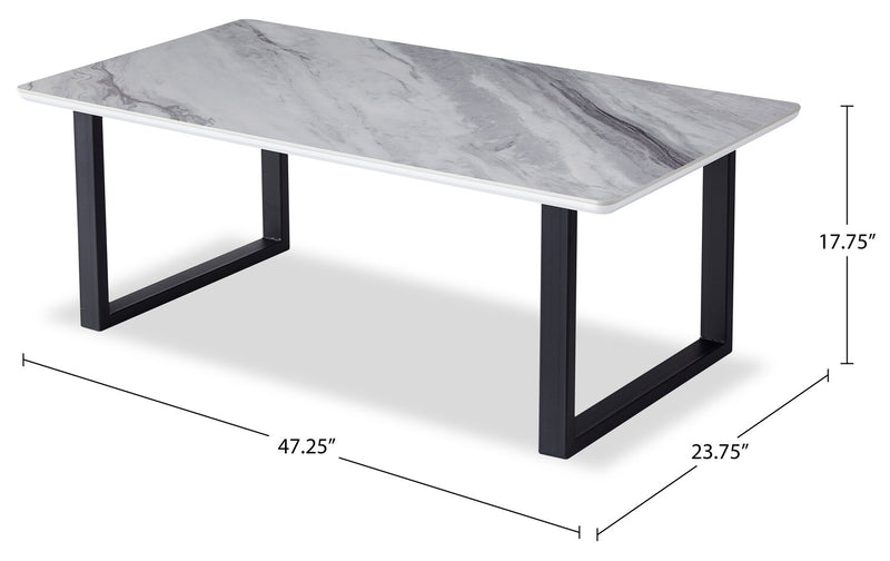 Table à café moderne Serena de 47,25 po - blanche et noire avec imitation de marbre