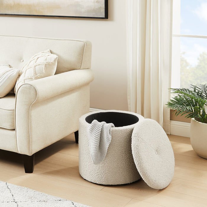 Pouf de rangement rond Ontario de 14,75 po en tissu - blanc