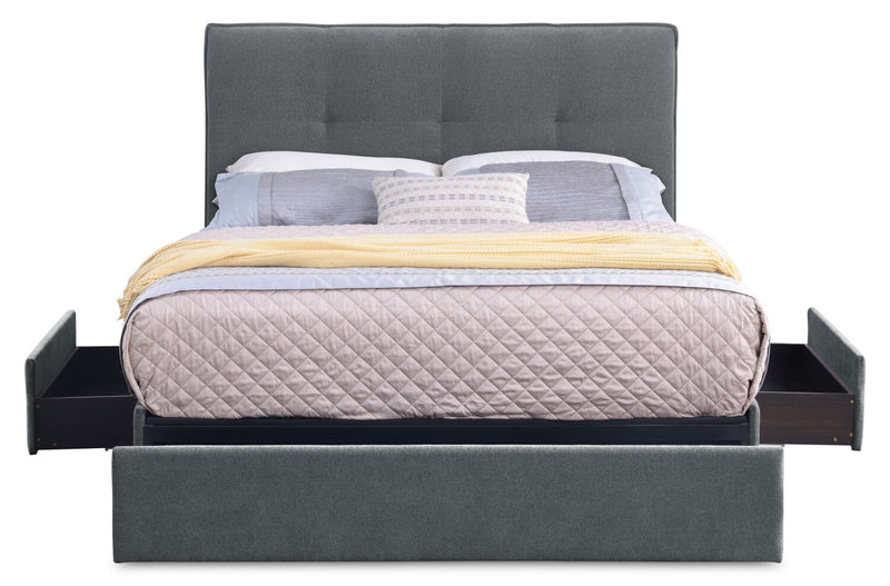 Lit de rangement Amos rembourré en tissu anthracite avec tête de lit capitonnée et 3 tiroirs intégrés - format très grand lit
