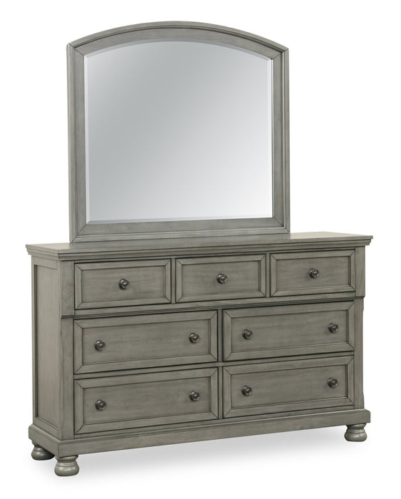 Ensemble de chambre à coucher Chelsea 5 pièces gris avec lit de rangement, commode et miroir - format très grand lit