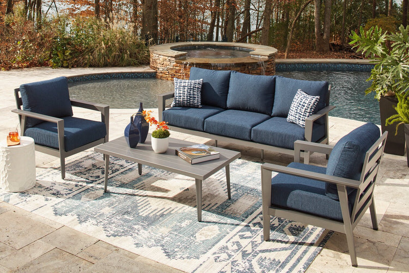 Ensemble Barrie 4 pièces pour la terrasse à l’extérieur avec sofa, 2 fauteuils et table - aluminium - bleu et gris
