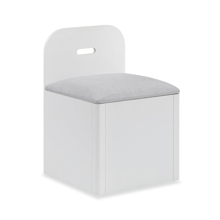 Lit plateforme Quinn avec tête de lit bibliothèque, bureau intégré et tabouret, blanc - format lit simple