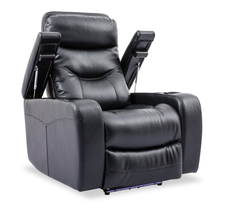 Fauteuil à inclinaison électrique Glow de 33 po en tissu avec accoudoirs de rangement - noir
