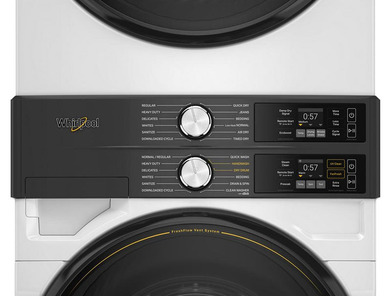 Tour de lavage Whirlpool à chargement frontal avec laveuse de 5,2 pi³ et sécheuse électrique de 7,4 pi³ - blanche - YWEF5727TW