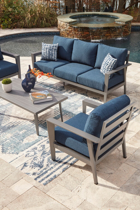 Ensemble Barrie 4 pièces pour la terrasse à l’extérieur avec sofa, 2 fauteuils et table - aluminium - bleu et gris