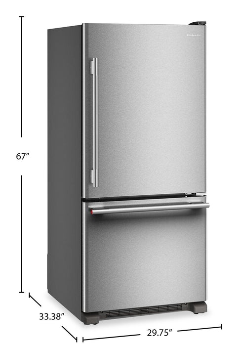 Réfrigérateur KitchenAid de 19 pi³ et de 30 po de profondeur standard à congélateur inférieur - KRBR130SPS