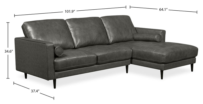 Sofa sectionnel de droite Edge 2 pièces en cuir véritable avec pattes en bois et coussins de dossier amovibles - gris