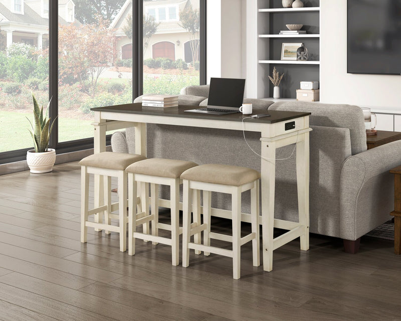 Console contemporaine Nyles de 60 po avec 3 tabourets de hauteur comptoir et ports USB - babeurre