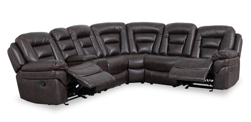 Sofa sectionnel inclinable Leo 6 pièces en tissu d’apparence cuir avec console de rangement et 2 porte-gobelets - brun noyer