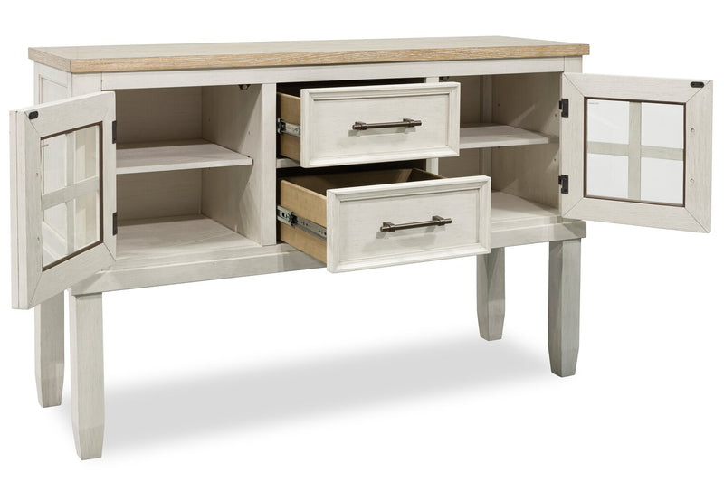 Desserte de salle à manger Quill de 56 po (L) avec rangement et tiroirs - blanc antique et brune