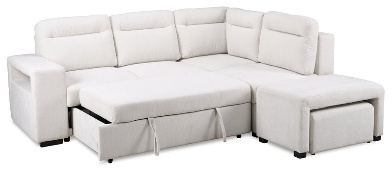 Sofa-lit sectionnel de droite Coast 3 pièces en tissu blanc ivoire avec fauteuil long de rangement et accoudoir de rangement
