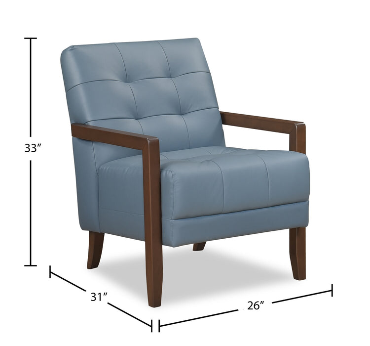 Fauteuil d’appoint Enzo de 26 po en cuir véritable avec capitonnage en biscuit, accoudoirs rectilignes et pattes en bois - bleu