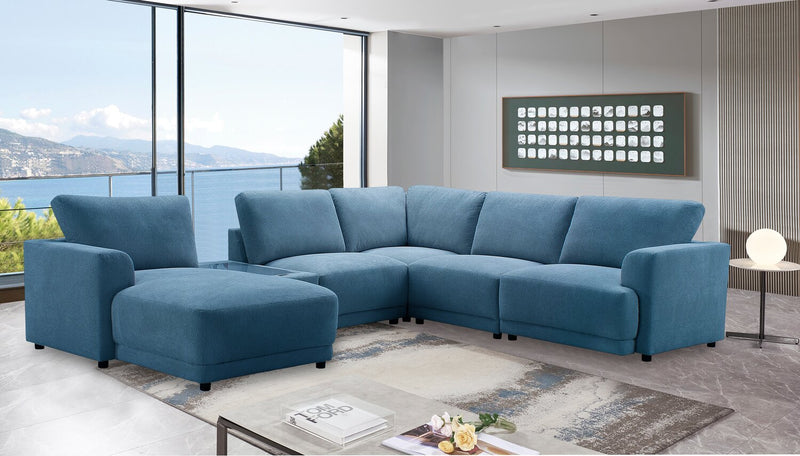 Sofa sectionnel modulaire de gauche Voyage 6 pièces en tissu avec console et coussins de dossier amovibles - bleu