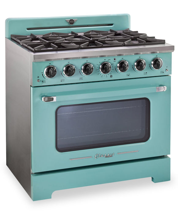 Cuisinière à gaz Classic Rétro par Unique de 36 po et de 5,2 pi3 à 6 brûleurs avec convection - turquoise brume marine - UGP-36CR T