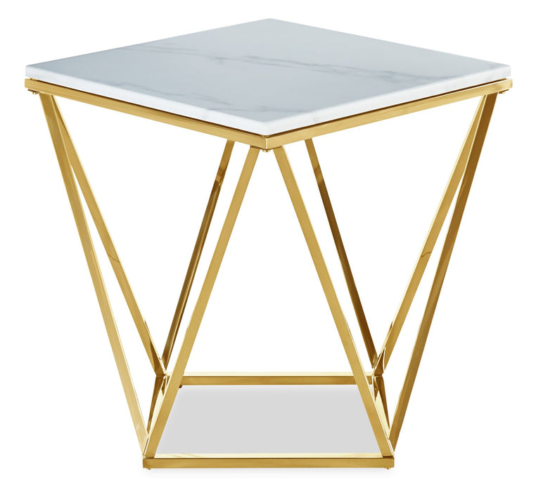Table de bout carrée moderne Amanda de 21,5 po - dessus en marbre blanc avec base en métal doré