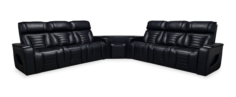 Sofa sectionnel à inclinaison électrique Zen 3 pièces en tissu d’apparence cuir avec massage et 2 consoles rabattables - noir