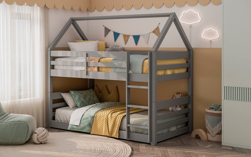Lits simples superposés Gemma en forme de maison avec toit, échelle intégrée et garde-corps pour enfants - gris