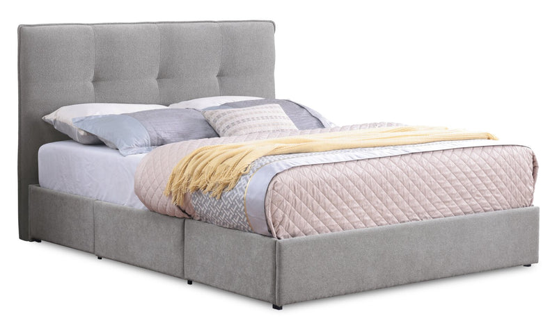 Base de lit de rangement Amos rembourrée en tissu gris avec 3 tiroirs intégrés - format lit double