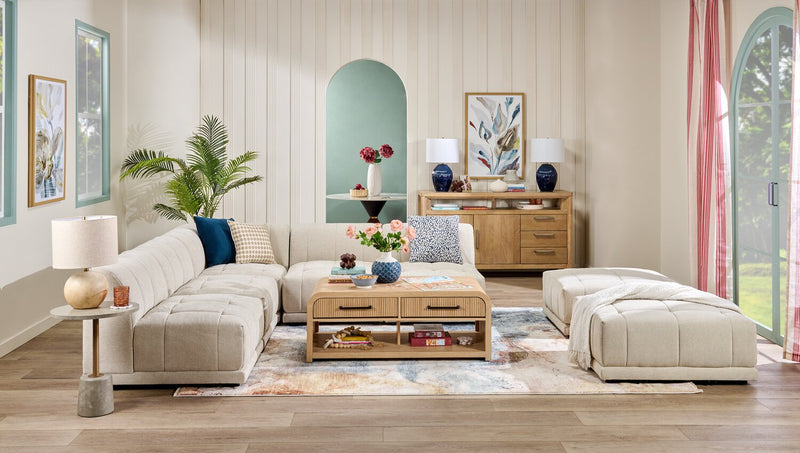 Sofa sectionnel modulaire sans accoudoirs Oaklyn de Kort & Co. 5 pièces en tissu avec coussins de siège capitonnés - beige