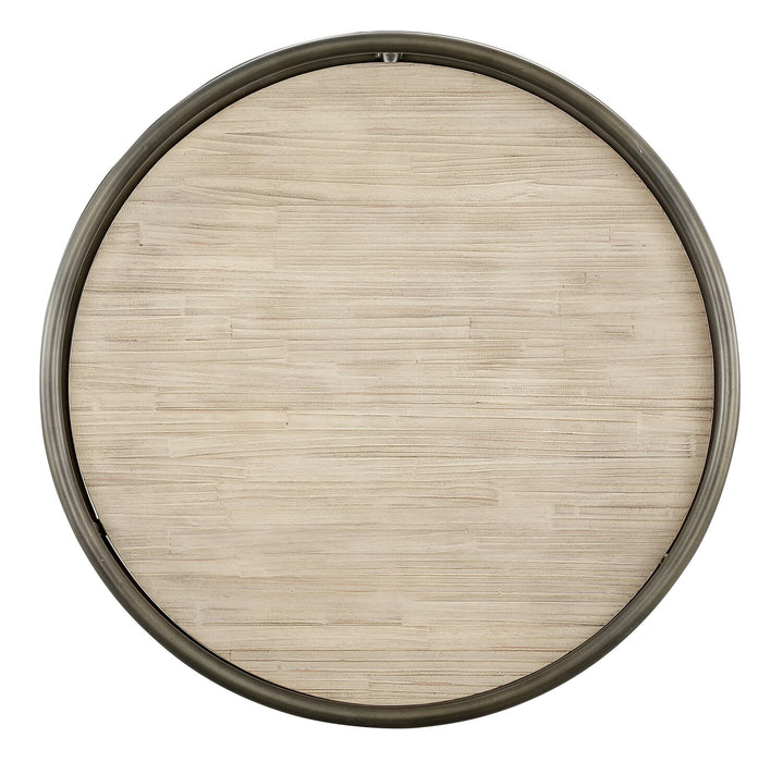 Table à café ronde moderne Saxon de 38 po avec tablette - naturelle et nickel rétro