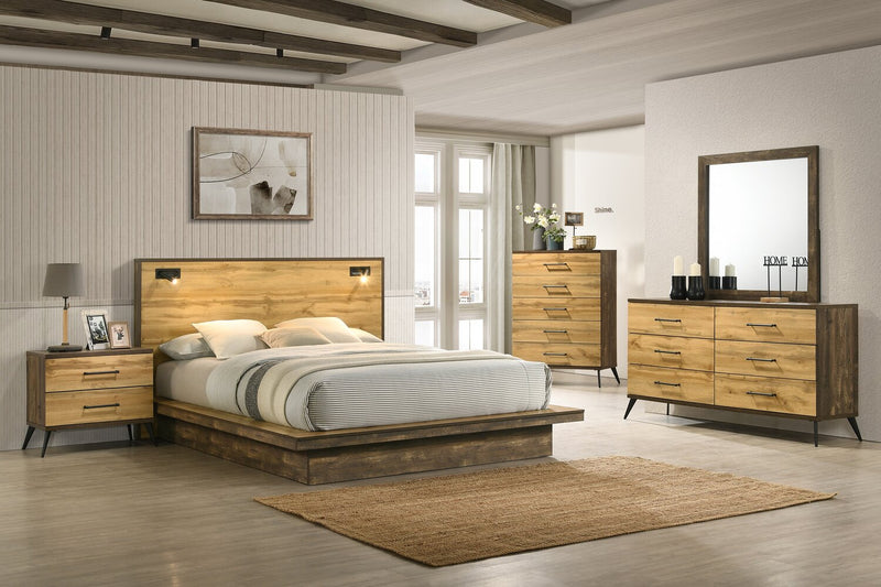 Ensemble de chambre à coucher Silas 6 pièces brun rustique avec lit plateforme, commode, miroir, table de nuit et éclairage à DEL - format grand lit