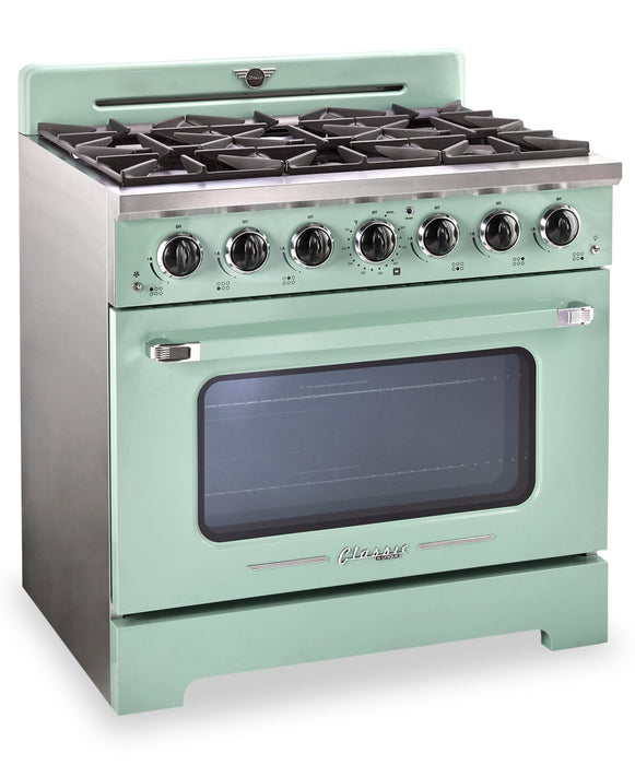 Cuisinière à gaz Classic Rétro par Unique de 36 po et de 5,2 pi3 à 6 brûleurs avec convection - vert menthe estival - UGP-36CR LG