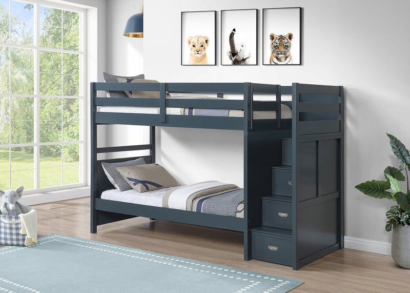 Lits superposés Quinn pour enfants avec commode escalier intégrée et garde-corps, bleus - simple et simple