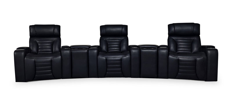Sofa sectionnel à inclinaison électrique Zen 5 pièces de style cinéma maison en tissu d’apparence cuir avec massage et 2 consoles de rangement - noir