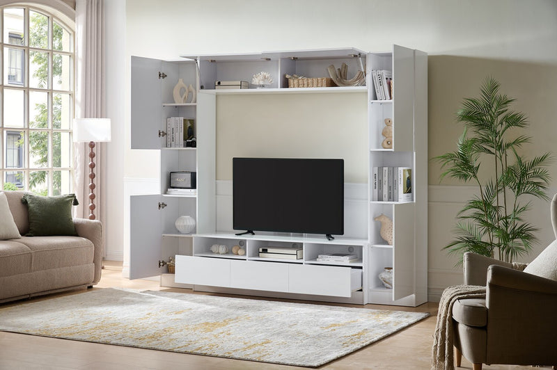 Meuble audio-vidéo Celine de 94.5 po 4 pièces avec rangement et système de gestion des câbles pour téléviseurs de jusqu’à 70 po - blanc