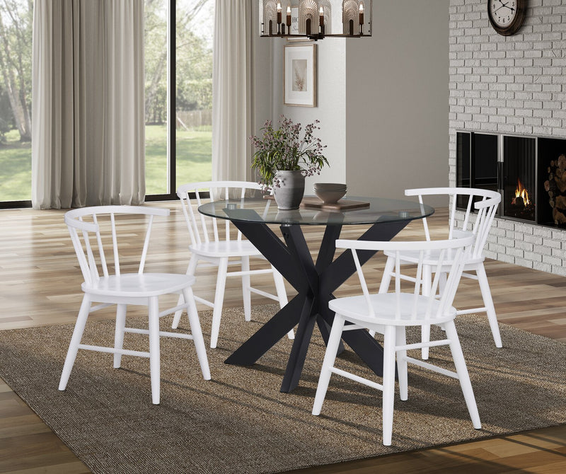Ensemble de salle à manger Remi 5 pièces en verre et bois avec table ronde de 42 po (L) et 4 chaises à dossier à barreaux en forme de fuseau - noir et blanc