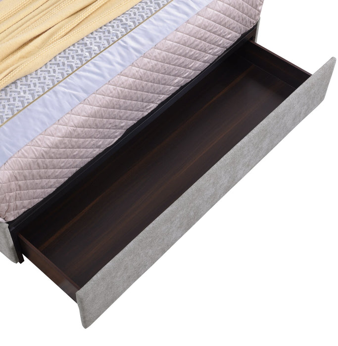 Base de lit de rangement Amos rembourrée en tissu gris avec 3 tiroirs intégrés - format lit double