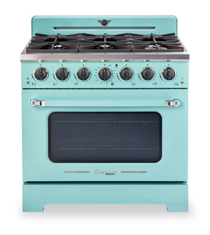 Cuisinière à gaz Classic Rétro par Unique de 36 po et de 5,2 pi3 à 6 brûleurs avec convection - turquoise brume marine - UGP-36CR T