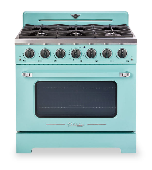 Cuisinière à gaz Classic Rétro par Unique de 36 po et de 5,2 pi3 à 6 brûleurs avec convection - turquoise brume marine - UGP-36CR T