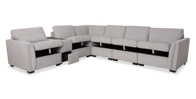 Sofa sectionnel Vault 7 pièces avec 5 fauteuils de rangement et console de rangement avec USB - gris