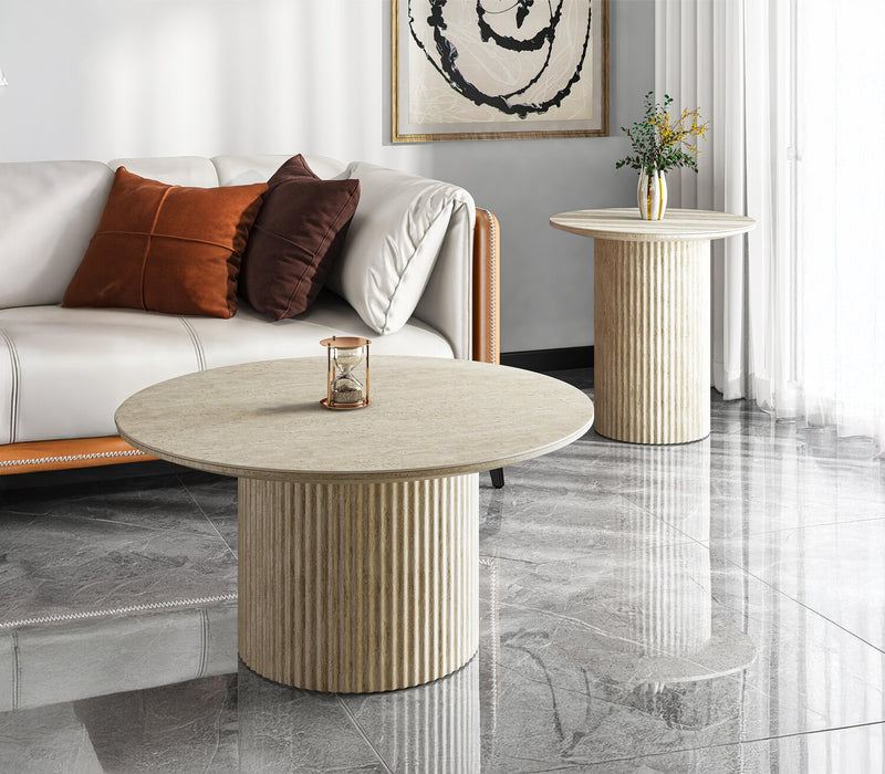 Table de bout ronde Sullivan de 23,6 po avec dessus en pierre frittée - travertin beige