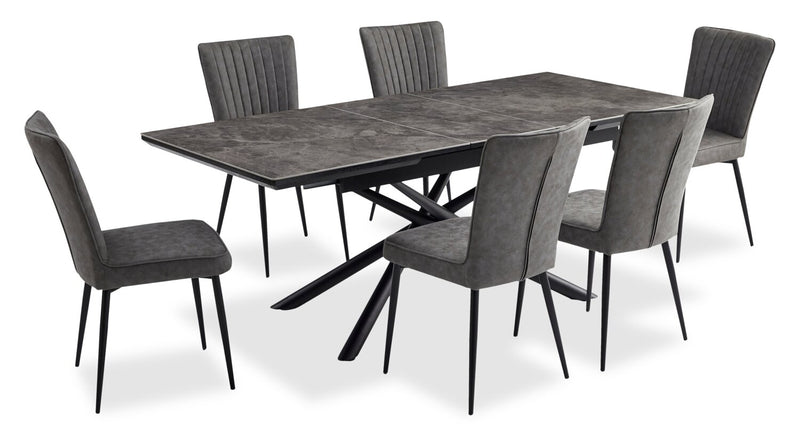 Ensemble de salle à manger Tavo 7 pièces en métal avec table, rallonge de 63 po à 79 po (L) et chaises - gris et noir