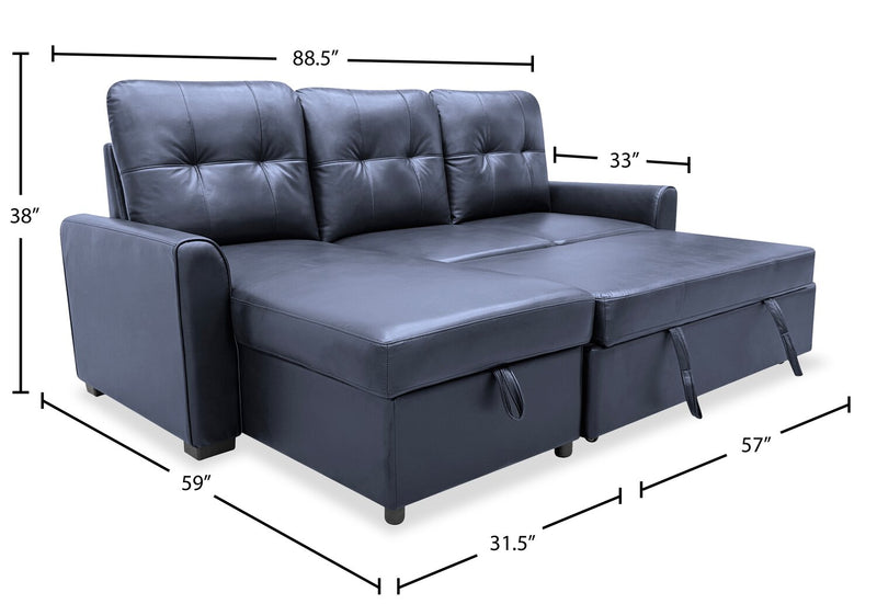 Sofa-lit sectionnel de gauche Carter 2 pièces en tissu d’apparence cuir avec fauteuil long de rangement - noir