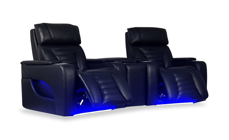 Sofa sectionnel à inclinaison électrique Zen 3 pièces de style cinéma maison en tissu d’apparence cuir avec massage et console de rangement - noir