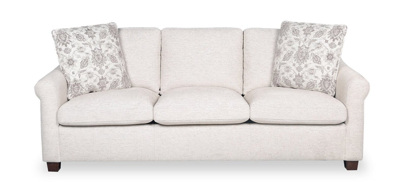 Sofa Mallie de 84 po en tissu de chenille avec accoudoirs enroulés et pattes en bois - blanc coquillage