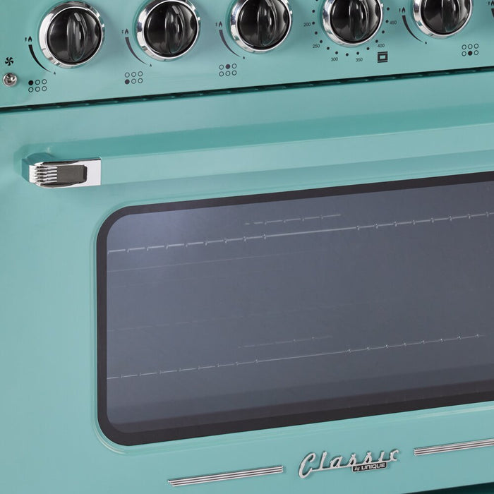 Cuisinière à gaz Classic Rétro par Unique de 36 po et de 5,2 pi3 à 6 brûleurs avec convection - turquoise brume marine - UGP-36CR T