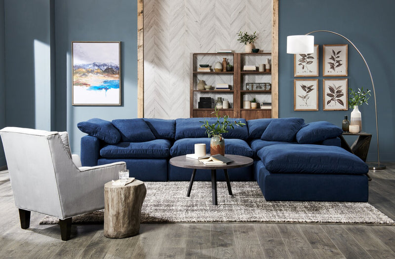 Fauteuil modulaire en coin Eclipse de 43 po en tissu d’apparence lin avec coussins réversibles en duvet et plumes - bleu marine