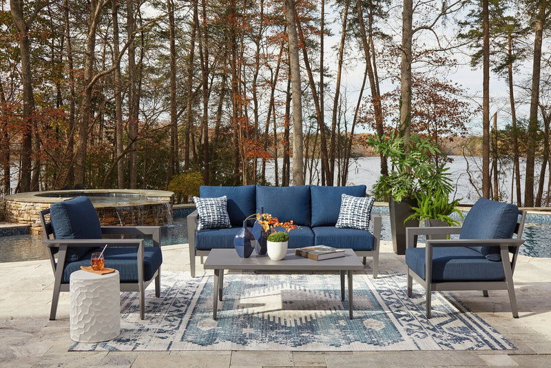 Ensemble Barrie 4 pièces pour la terrasse à l’extérieur avec sofa, 2 fauteuils et table - aluminium - bleu et gris