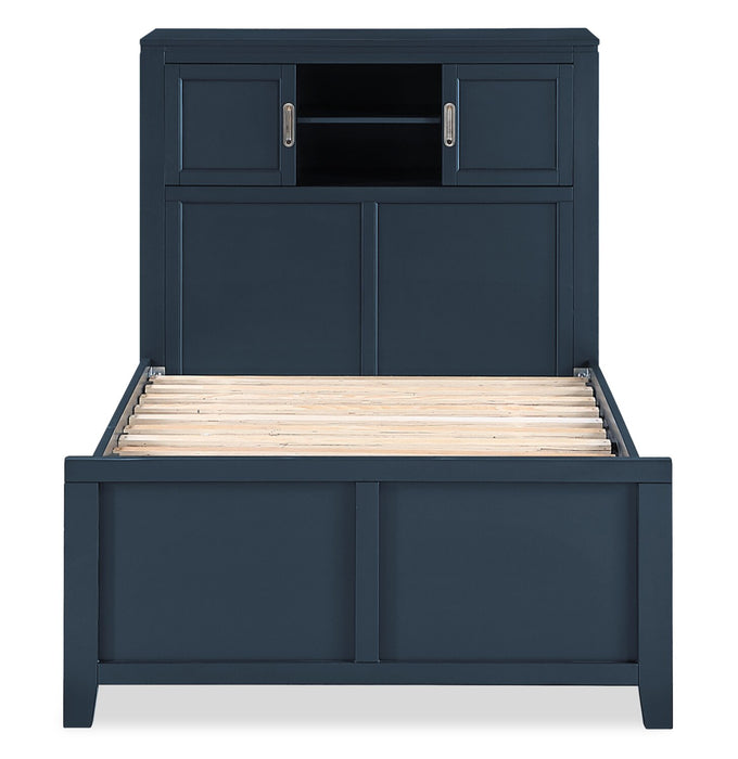 Lit plateforme Quinn avec tête de lit bibliothèque, bureau intégré et tabouret, bleu - format lit simple