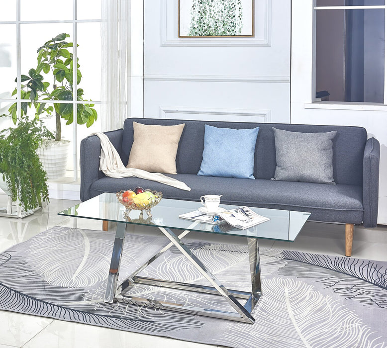 Table à café moderne Briar de 47 po avec dessus en verre - argentée