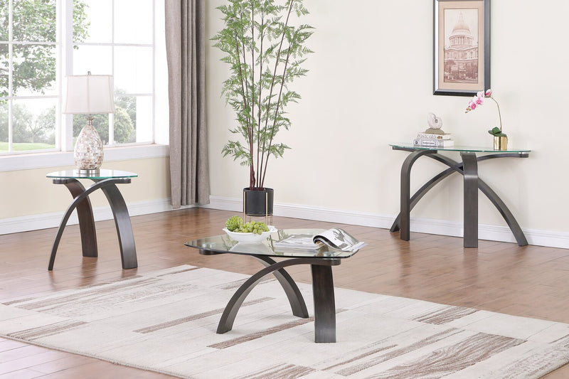 Table à café moderne Jorja de 34,75 po avec dessus en verre - brune avec pattes en bois cintré