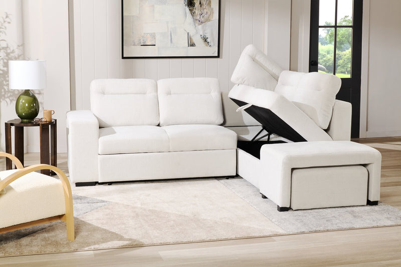 Sofa-lit sectionnel de droite Coast 3 pièces en tissu blanc ivoire avec fauteuil long de rangement et accoudoir de rangement