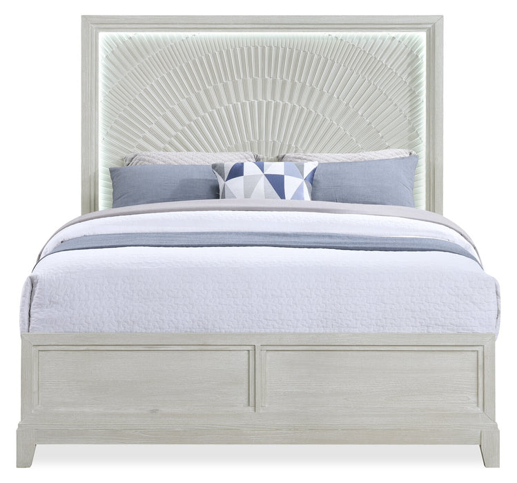 Ensemble de chambre à coucher Vida 5 pièces sable avec lit à panneaux, commode et miroir - format grand lit