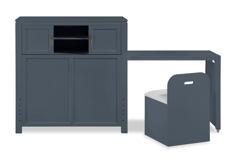 Lit plateforme Quinn avec tête de lit bibliothèque, bureau intégré et tabouret, bleu - format lit simple
